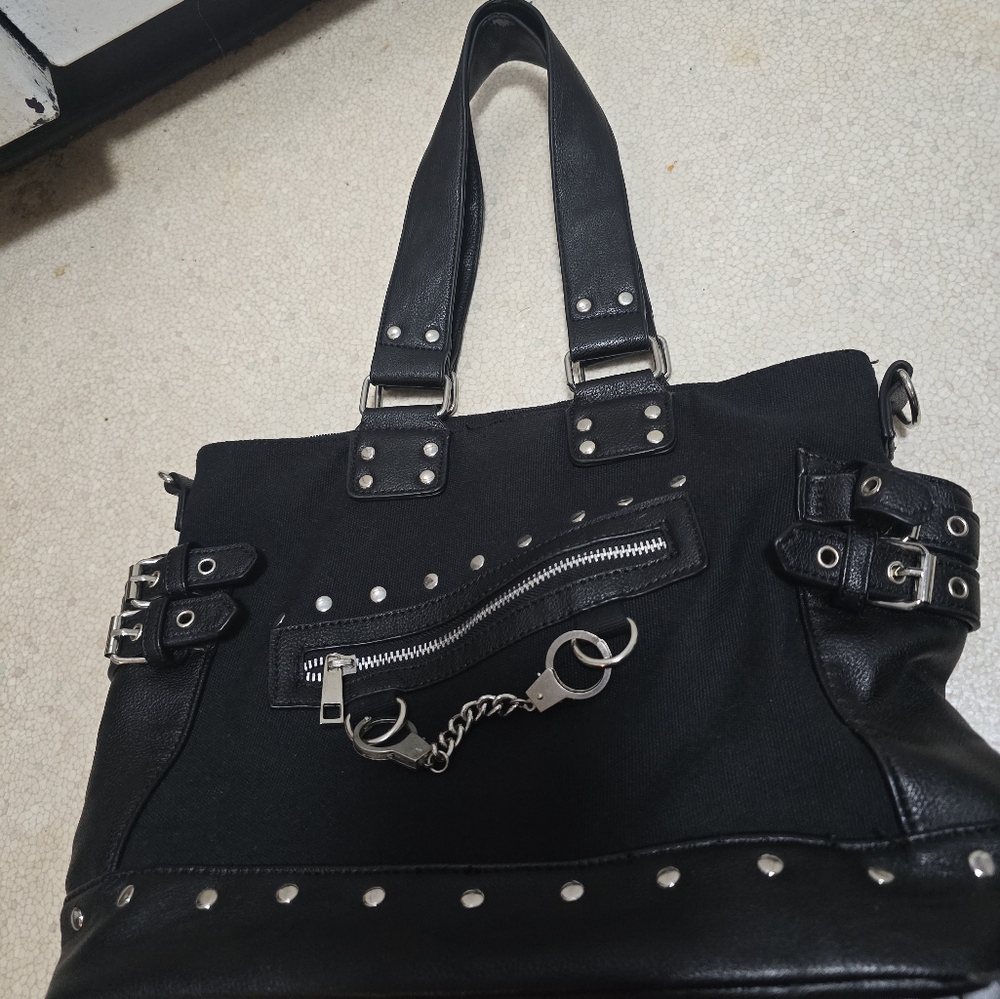 Banned Apparel- Black- Canvas & Vegan Leather- Handcuff accent shoulder bag